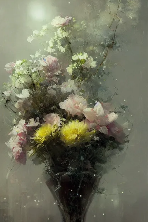 Image similar to lush flowers in a crystal vase by jeremy mann and greg rutkowski, beautiful cinematic lights, trending on artstation, oil on canvas