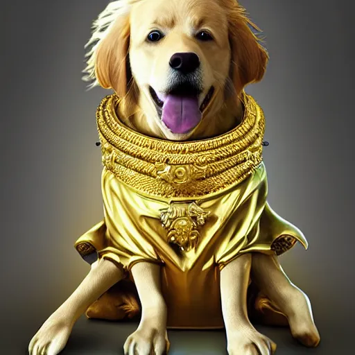 Image similar to Photomanipulation of golden retriver king , is dressed as a king, ultrarealism, photorealism, detailed, crown and gown