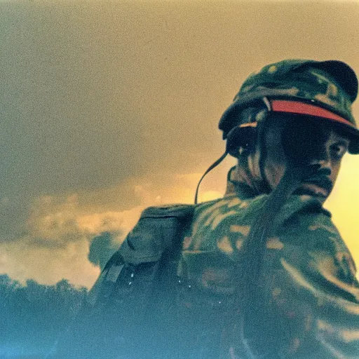 Prompt: film still, far view, katy perry, jungle, vietnam door gunner, apocalypse now, associated press, 2 6 mm, kodak ektachrome, blue tint, expired film,