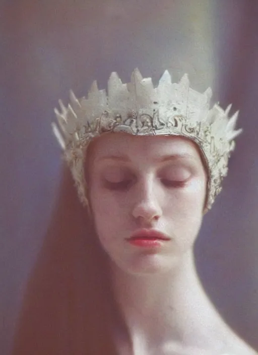 Prompt: medieval helm, out of focus!!!!!!! photorealistic portrait of a beautiful pale woman by saul leiter, very blurry!!!!!!, translucent white skin, closed eyes, foggy, pale lips