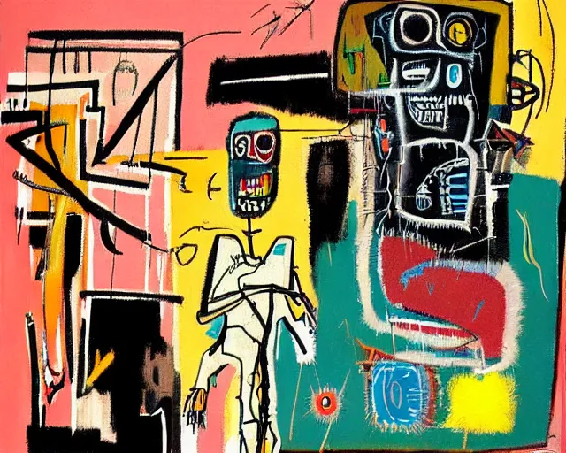 Image similar to painting of a cyborg questioning his reality by graham sutherland, basquiat, neo - expressionism, muted colors!!!