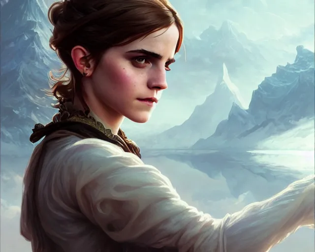 Image similar to photography of emma watson, deep focus, d & d, fantasy, intricate, elegant, highly detailed, digital painting, artstation, concept art, matte, sharp focus, illustration, hearthstone, art by artgerm and greg rutkowski and alphonse mucha