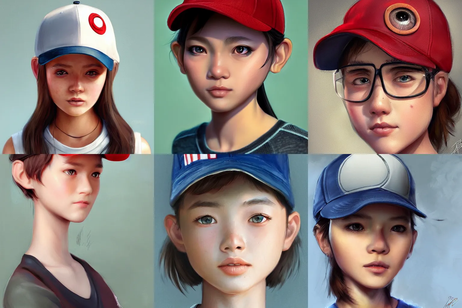 Prompt: 3D portrait of a tomboy girl, large friendly eyes, wearing a baseball cap backwards, ponytail, trending on art station, highly detailed, DOF, art by Stanley Artgerm Lau, Rossdraws.