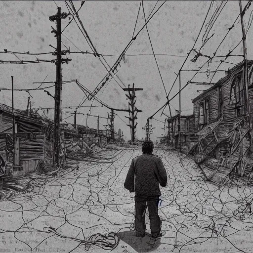 Image similar to a man looking at the sky, texture, brown mud, dust, tangled overhead wires, telephone pole, dusty, dry, pencil marks, genius party,shinjuku, koji morimoto, katsuya terada, masamune shirow, tatsuyuki tanaka  hd, 4k, remaster, dynamic camera angle, deep 3 point perspective, fish eye, dynamic scene