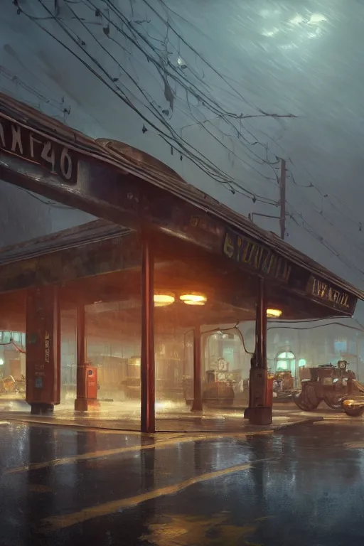 Image similar to a highly detailed matte painting of a soviet steampunk gas station in lightning storm and heavy rain by studio ghibli, makoto shinkai, by artgerm, by wlop, by greg rutkowski, volumetric lighting, octane render, 4 k resolution, trending on artstation, masterpiece