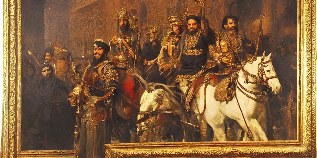 Image similar to Highly detailed and cinematic romantic period oil painting of the Persian king Cyrus the great, strong atmosphere, oil painting masterpiece by Josep Tapiró Baró, symmetry, fractals