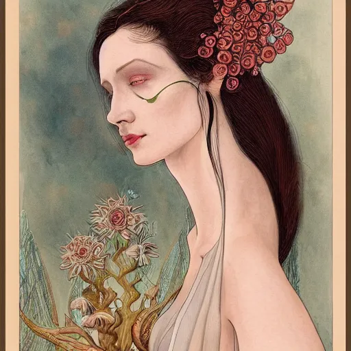 Prompt: facial portrait of a young pretty woman in flowing dress, arrogant, mysterious, long fine flowing hair, delicate, looking at camera, slightly awkward smile, realistic face, hands behind back, stylish, elegant, grimdark fantasy, flowers, art nouveau, extremely detailed painting inspired by Gerald Brom and Ernst Haeckel and Kaluta