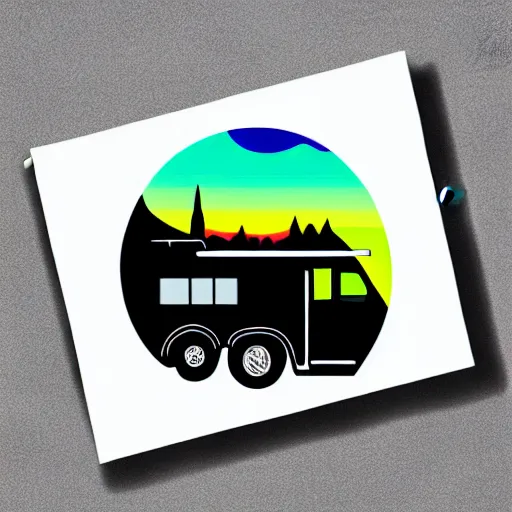 Prompt: white and black cute thor chateau motorhome camper, highway, mountains and sunset!!, everything enclosed in a circle, happy, professional colorful logo illustration