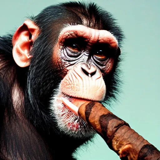 Image similar to a high detail closeup shot of a chimp wearing a suit and smoking a cigar