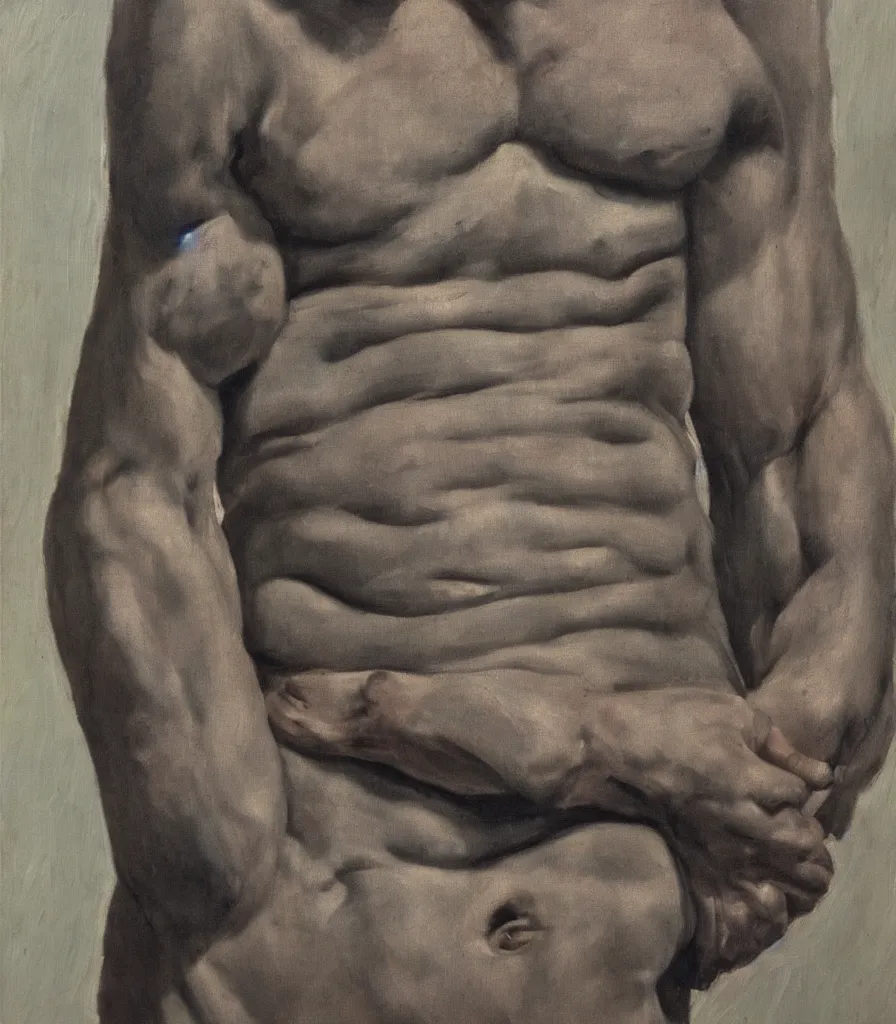 Image similar to medium close shot of a man without shirt in the style of lucian freud self portrait. oil painting, thick brush strokes. gray background. hard light from top. perspective from below. 5 0 mm