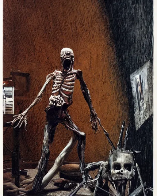 Image similar to realistic detailed image of a ribcage and a crying man holding a hammer in style of Francis Bacon and Willem de kooning, interior room, messy living room. Still from 1982 movie The Thing. Beksiński Masterpiece