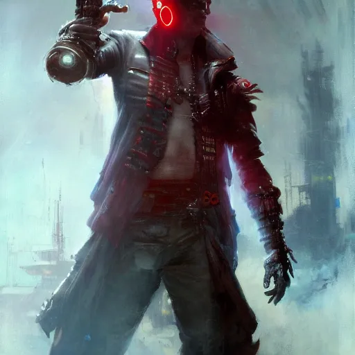 Prompt: a futuristic cyberpunk pirate with a glowing red eyepatch, upper body, sharp details, dystopian mood, sci-fi character portrait by gaston bussiere, craig mullins