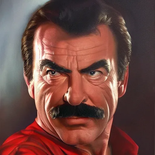 Prompt: ultra realistic portrait painting of tom selleck as super mario, art by frank frazetta, 4 k, ultra realistic, highly detailed, epic lighting