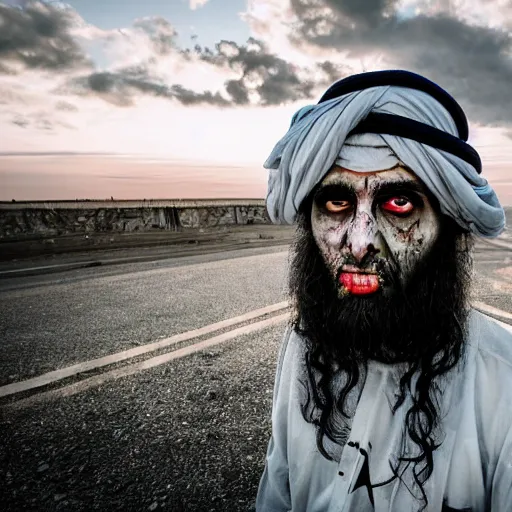 Image similar to middle eastern zombie man in the sky with long hair, canon eos r 3, f / 1. 4, iso 2 0 0, 1 / 1 6 0 s, 8 k, raw, unedited, symmetrical balance, wide angle