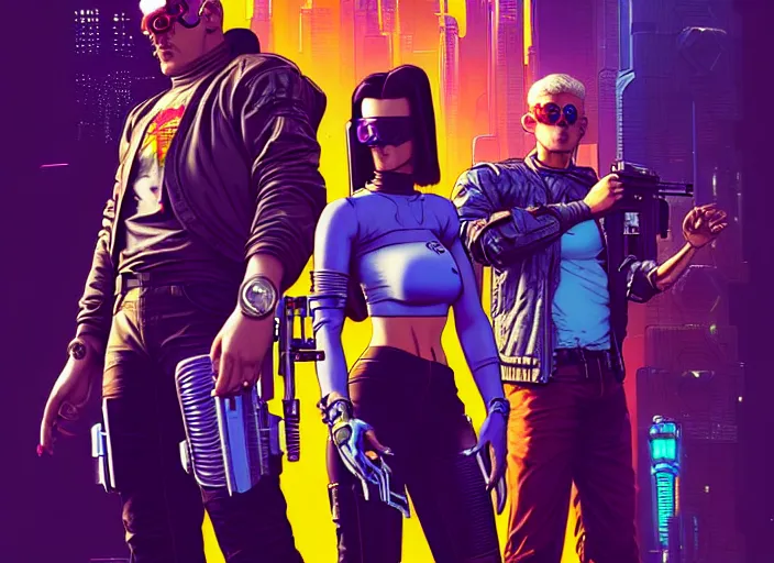 Prompt: cyberpunk gunslingers. portrait by stonehouse and mœbius and will eisner and gil elvgren and pixar. character design. realistic proportions. cyberpunk 2 0 7 7 character art, blade runner 2 0 4 9 concept art. cel shading. attractive face. thick lines. the team. diverse characters. artstationhq.