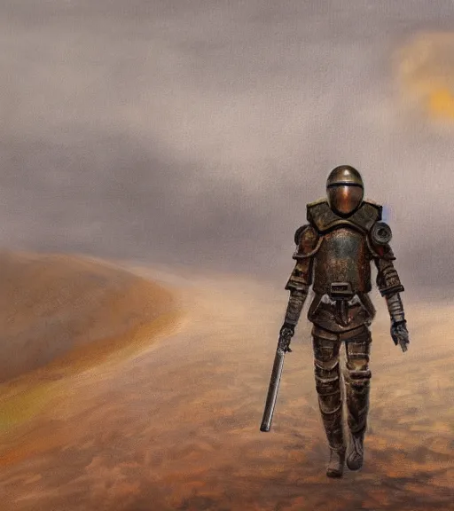 Prompt: a detailed painting of an armoured post apocalyptic man in a helmet walking around a sandy foggy wasteland. hd. 1 9 5 0 s painting style.