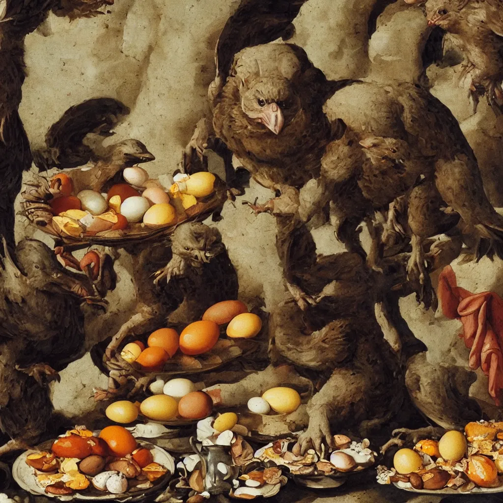 Image similar to a goblin bird with a plate of eggs and cookies, renaissance painting,