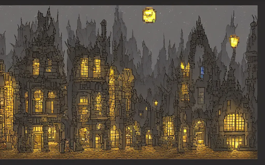 Image similar to Sideview of an 18th gothic street at night. Pixel art, high fantasy.