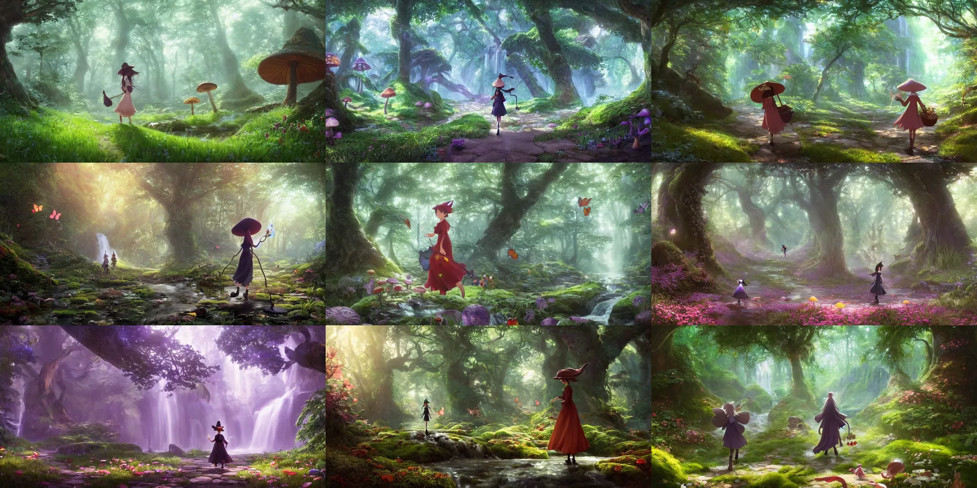 Prompt: a wholesome animation key shot of a witch walking through a magical forest with mushrooms, waterfalls, butterflies, foxes, close up shot, portrait, expression, studio Ghibli, Pixar and Disney animation, sharp, Rendered in Unreal Engine 5, anime key art by Greg Rutkowski, Bloom, dramatic lighting