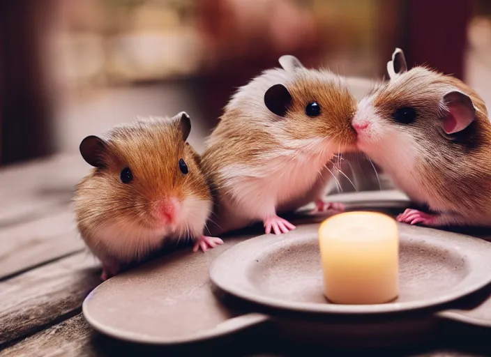 Prompt: photo of a hamsters on a date, kissing, at night, faded colors, candlelit restaurant table, cinematic color grading, various poses, soft light, centered, sharp focus, 8 k