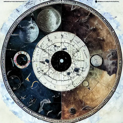 Image similar to lunar diagram, astrological map, portents of impending doom, bad omen, prophecy, end of the world, control panel by jessica rossier and brian froud