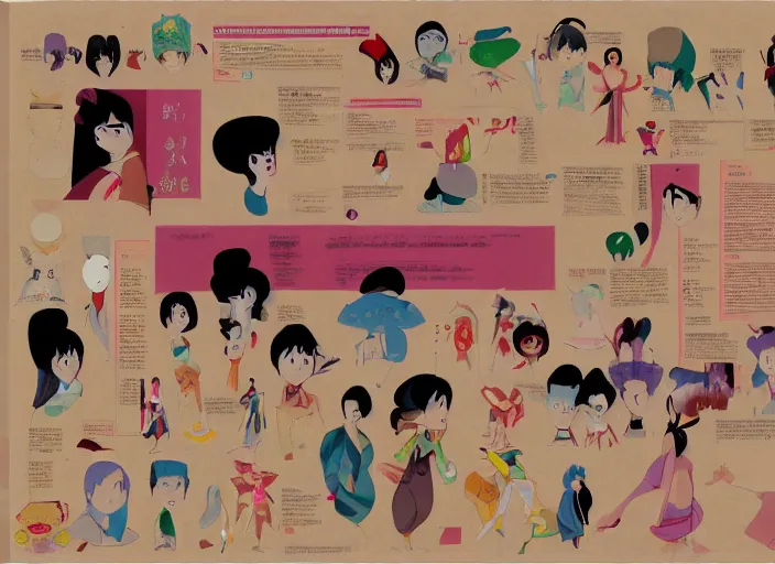 Image similar to experimental character exploration mixed media collage reference sheet layout from masaaki yuasa's mulan ( 1 9 9 7 )