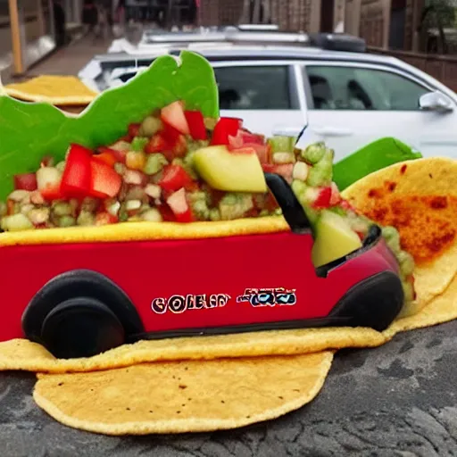 Image similar to a taco car called the smelly cat, with apple salsa and sprinting hitler