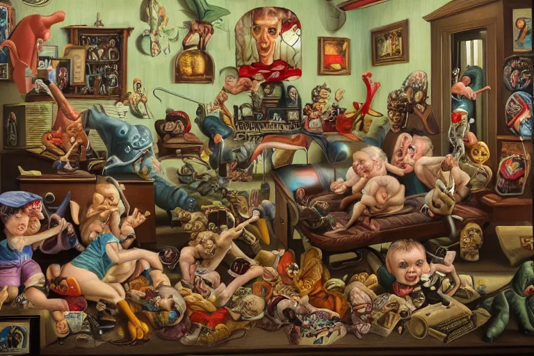 Prompt: a strange battle in an old hospital between old people and babies Robert Williams Mark Ryden and Alex Gross, Todd Schorr highly detailed