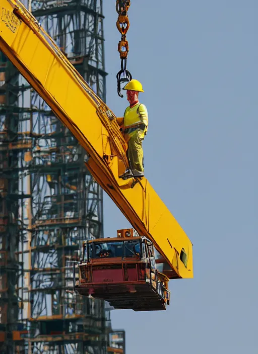 Image similar to closeup portrait of cheerful homer simpson as a crane operator, yellow hardhat, sitting in a crane, natural light, bloom, detailed face, magazine, press, photo, steve mccurry, david lazar, canon, nikon, focus