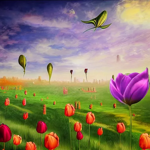 Prompt: flying tulip fortress, fantasy art, sky in the background, detailed, behrens style