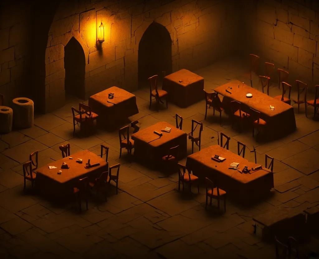 Image similar to the forbidden underground meetings of the traitors, a dimly lit stone room, a single table, some old chairs, all traitors are debating how to kill the king, cinematic landscape, betrayal in the air, octane render, artstation