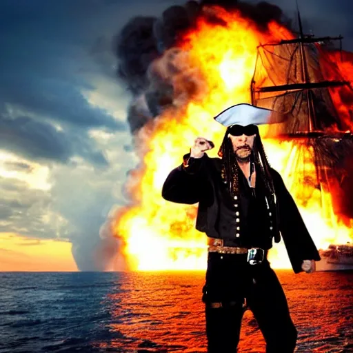 Image similar to a cool looking pirate, standing on the edge of the ship, big explosion on the background, in the style of terminator