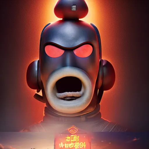 Image similar to scary Godlike masked and helmeted samurai in the style of Wallace and Gromit , IMAX , award winning , post processing , suspenseful , masterpiece , octane rendered