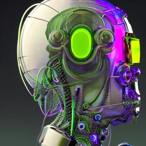 Prompt: a irisdiscent glass statue of a dieselpunk futuristic robot head wearing brain sensors with multicolored tubes and a headset, 8 k, front shot, symetrical, flourescent colors, halluzinogenic, multicolored, insanely detailed, front shot, 3 d render, octane