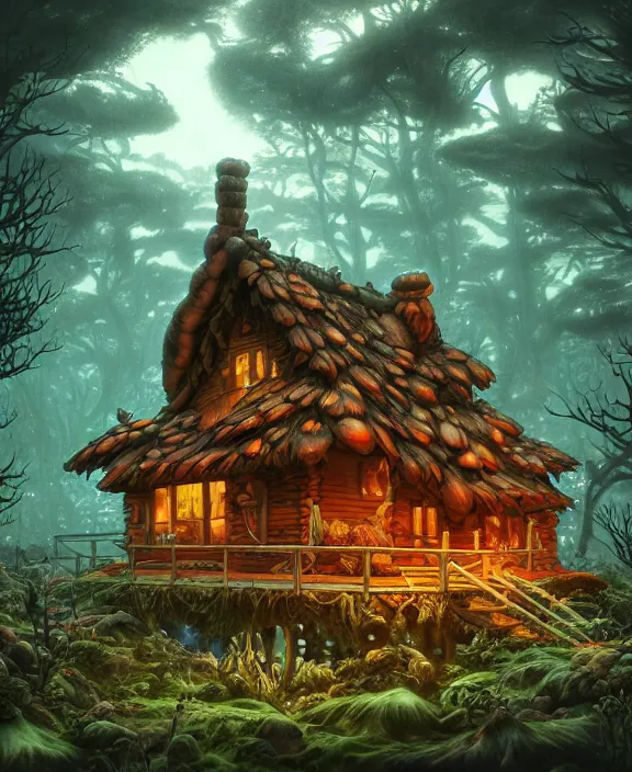 Image similar to a whimsical cabin made from exotic fungus, overgrown with huge rare fungus, deep in the woods, by dan mumford, yusuke murata, makoto shinkai, ross tran, underwater, hellish, cinematic, unreal engine, cel shaded, featured on artstation, pixiv