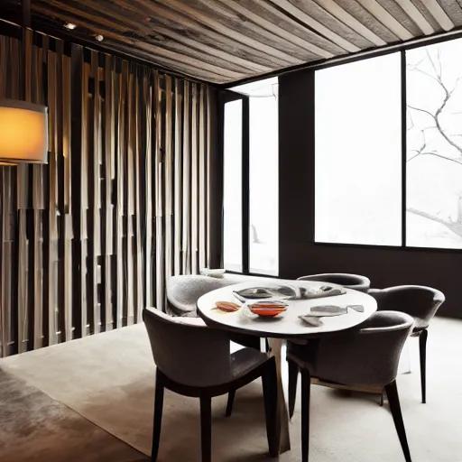 Image similar to lounge and dining room, stone, interior design, stylish luxury hotel living room design, yakisugi, black vertical slatted timber, textures, feminine, black walls, art, Japanese pottery vase with flowers, kakejiku, seasonal, Japanese influences