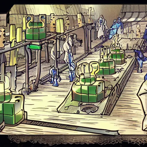Prompt: gelatinous cubes being processed into magic items with the juice made from their bodies, d & d, industrial assembly line in a fantasy steampunk factory, art nouveau