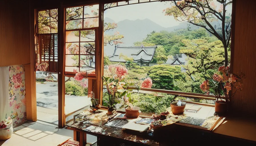 Image similar to 1 9 9 0 s candid 3 5 mm photo of a beautiful day in the a dreamy japanese flowery cottage designed by gucci, cinematic lighting, cinematic look, golden hour, a desk for flower arrangements and journaling has sun shinning on it through a window, temple in the distance, uhd