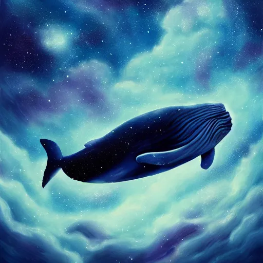 Prompt: portrait of whale swimming on a night sky, swimming across the universe, nebulae, oniric, dreamy, beautiful, highly detailed, cinematic, trending on artstation