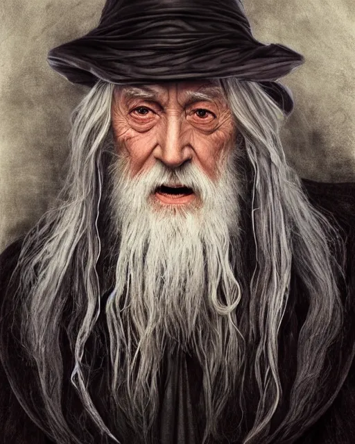 Image similar to portrait of 8 0 - year - old man, with blue eyes, very long silver hair, and very long silver beard, dumbledore, wearing in black cloak, hyper realistic face, beautiful eyes, fantasy art, in the style of greg rutkowski, intricate, alphonse mucha, hyper detailed, smooth