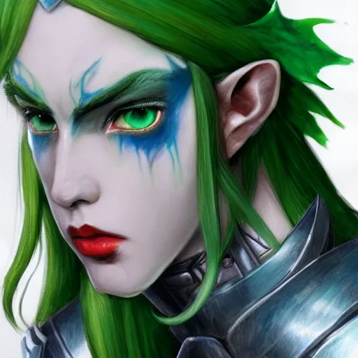 Image similar to a close up of a green haired elf person with blue eye with a horns crown red lips and wearing light armour, concept art by Lü Ji, trending on Artstation, fantasy art, official art, detailed painting, artstation hd