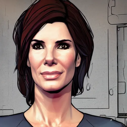 Prompt: sandra bullock portrait, borderlands, tales from the borderlands, the wolf among us, comic, cinematic lighting, studio quality, 8 k