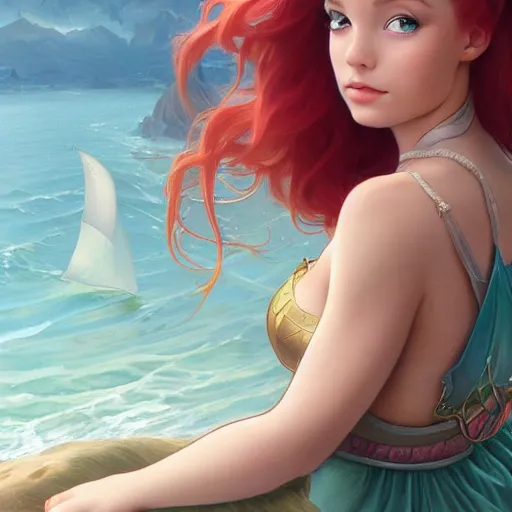 Prompt: beautiful young princess ariel, like human closeup, with the face of ariana grande, sea background, d & d, fantasy, elegant, highly detailed, digital painting, artstation, concept art, matte, sharp focus, illustration, art by artgerm and greg rutkowski and alphonse mucha
