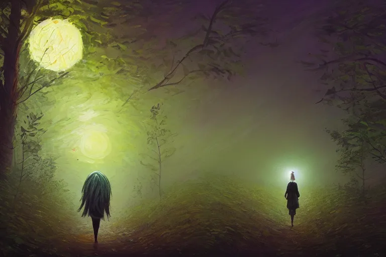 Image similar to giant sunflower head, girl walking in a moonlit forest, hills, surreal photography, dark night, star trails, dramatic light, impressionist painting, clouds, digital painting, artstation, simon stalenhag