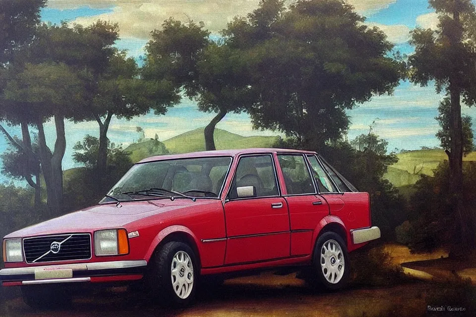 Prompt: volvo 240, oil painting, raphael high renaissance, stunning details