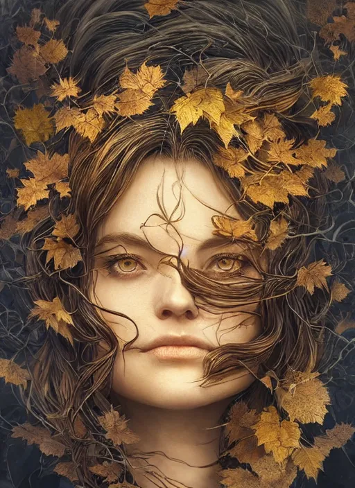 Image similar to golden leaves at frame border, creative!!! composition for a book cover!!!, absurdly beautiful, ultrafine hyperrealistic detailed old witch face by wlop and artgerm and greg rutkowski, intricate linework, sharp focus, smooth, octopath traveler, final fantasy, unreal engine, dramatic lighting, ethereal, 8 k