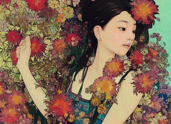 Image similar to oil painting, long shot, beautiful floralpunk iban bio mechanical female illustration detailed patterns art of sarawak traditional dress, flower pop art, floral splash painting, art by ashley wood, alphonse mucha, makoto shinkai, geof darrow, dark shadow