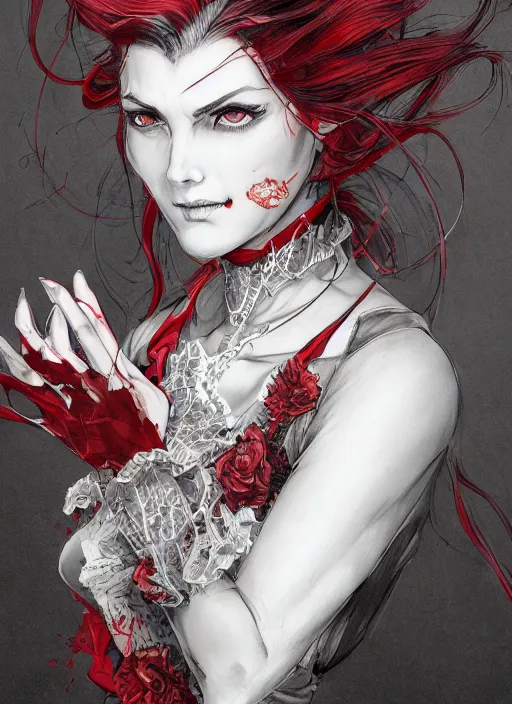Image similar to close up portrait of a vampire in an elegant dress, red and grey colors, powerful, domineering, stoic, masterful, intense, ultrafine hyperdetailed illustration by kim jung gi, irakli nadar, intricate linework, sharp focus, octopath traveler, yoji shinkawa, highly rendered, detailed, concept art
