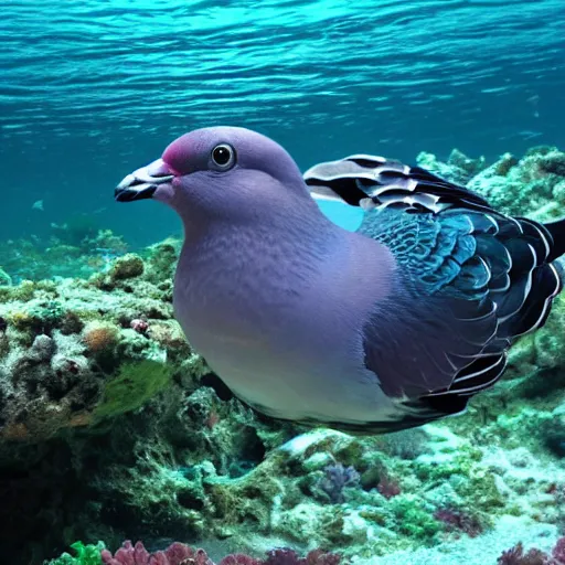 Prompt: pigeon in cage underwater tropical reef