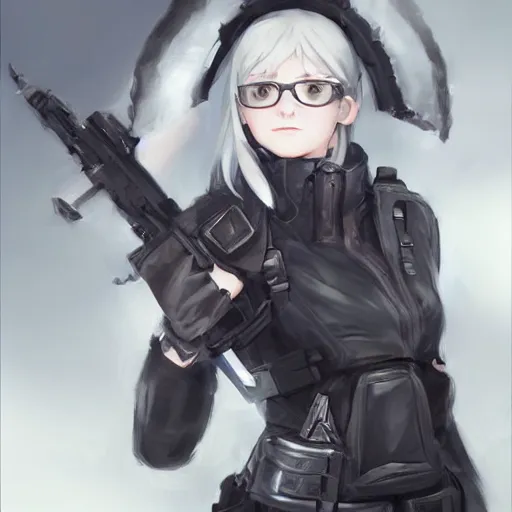Prompt: silver hair girl, tactical vest, portrait ilustration by (Krenz Cushart) and Shinji Aramaki